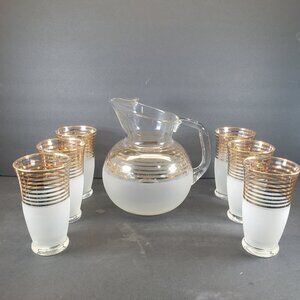 Glamorous Mid-Century Gold-Banded Frosted Glass Pitcher & Six Tumblers — Luxe 19